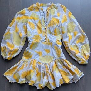 Acler Yellow and White Leaf Print Mini Dress